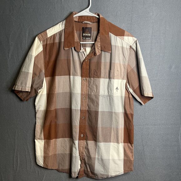 prAna Mens Shirt Large Brown Plaid Organic Cotton Button Up Lightweight‎ Casual - Picture 1 of 7